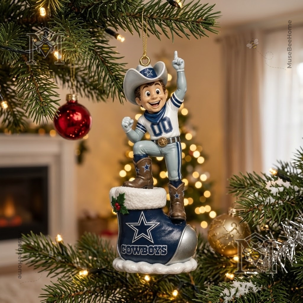 Dallas Cowboys Mascot Christmas 2026 Ornament - base of the boot with Christmas decor
