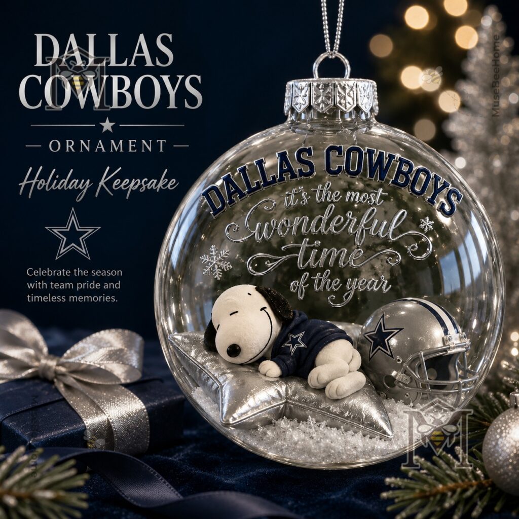 Dallas Cowboys Snoopy Christmas Snow Globe Ornament 2026 - front view with Snoopy and football helmet