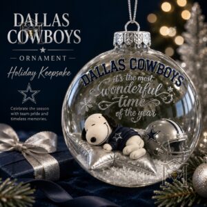 Dallas Cowboys Snoopy Christmas Snow Globe Ornament 2026 - front view with Snoopy and football helmet
