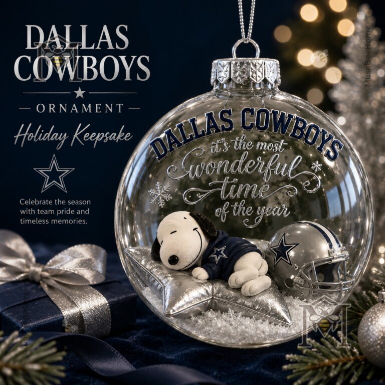 Dallas Cowboys Snoopy Christmas Snow Globe Ornament 2026 - front view with Snoopy and football helmet