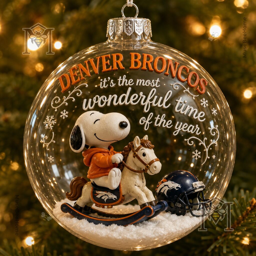 Denver Broncos Snoopy Christmas Snow Globe Ornament 2026 - clear bauble showing rocking horse design