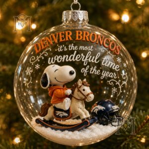 Denver Broncos Snoopy Christmas Snow Globe Ornament 2026 - clear bauble showing rocking horse design