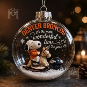 Denver Broncos Snoopy Christmas Snow Globe Ornament 2026 - close-up of Broncos lettering and snowflakes