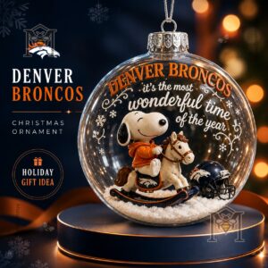 Denver Broncos Snoopy Christmas Snow Globe Ornament 2026 - front view with Snoopy and helmet