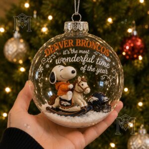 Denver Broncos Snoopy Christmas Snow Globe Ornament 2026 - displayed ornament with silver hanging cap