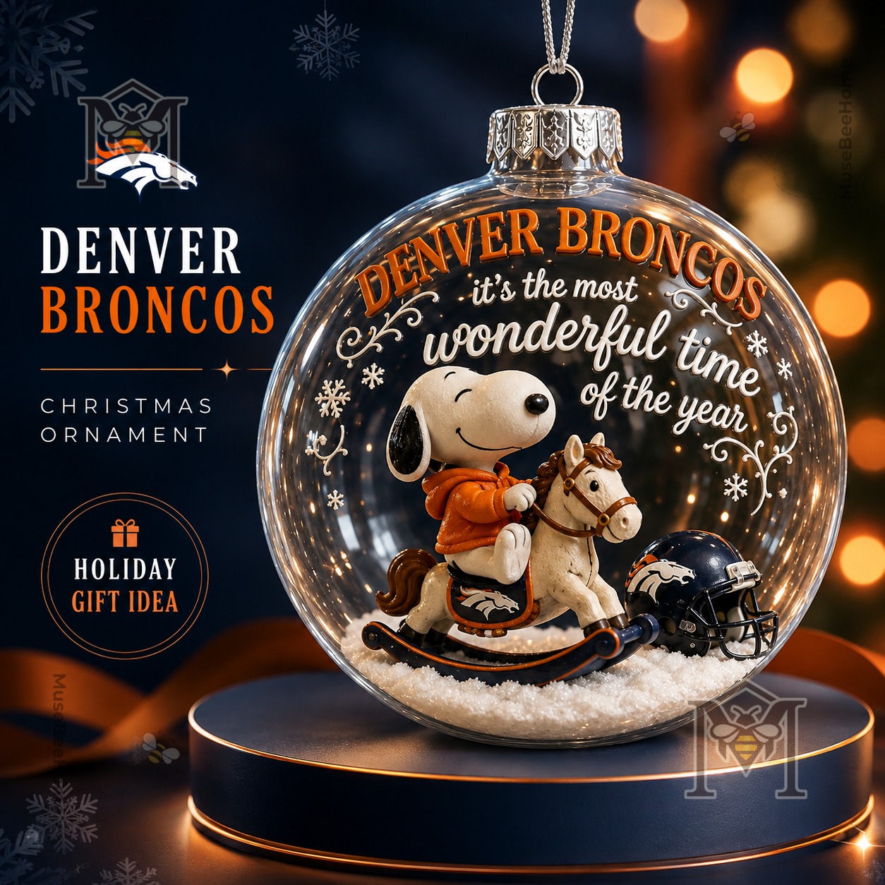 Denver Broncos Snoopy Christmas Snow Globe Ornament 2026 - front view with Snoopy and helmet