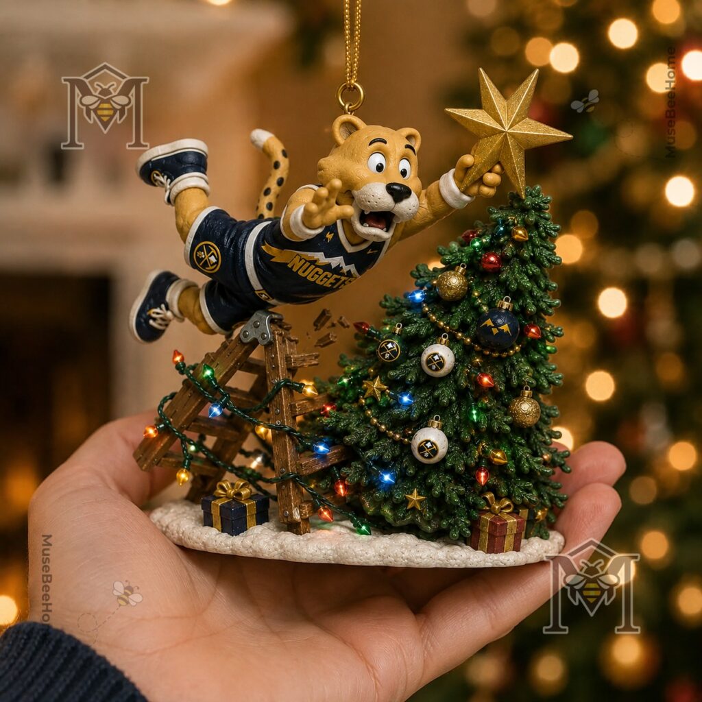 Denver Nuggets Christmas Ornament 2026 - detailed view of Rocky's ladder and gifts