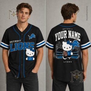 Detroit Lions Hello Kitty Custom Baseball Jersey - close-up front view