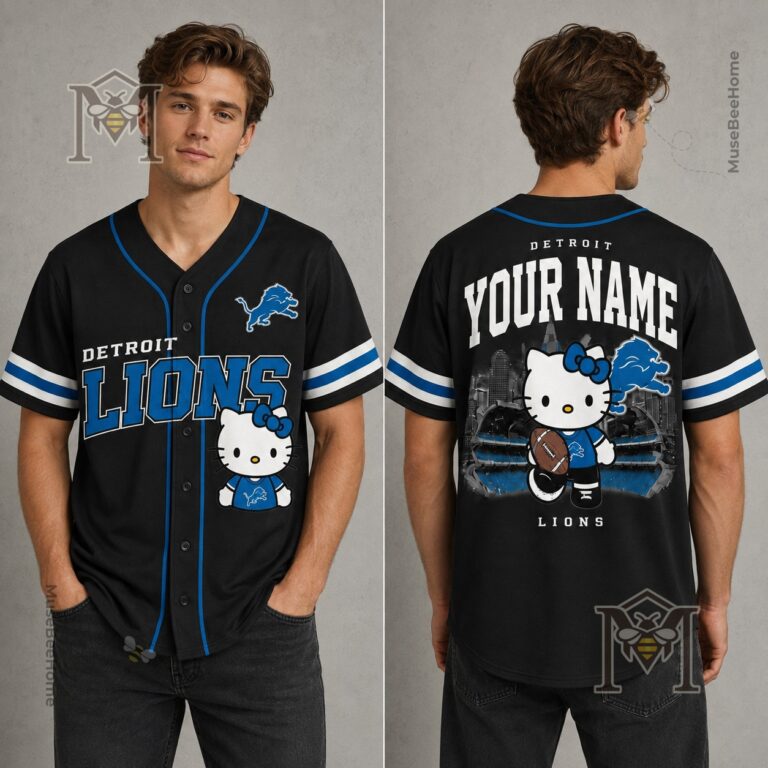 Detroit Lions Hello Kitty Custom Baseball Jersey - close-up front view