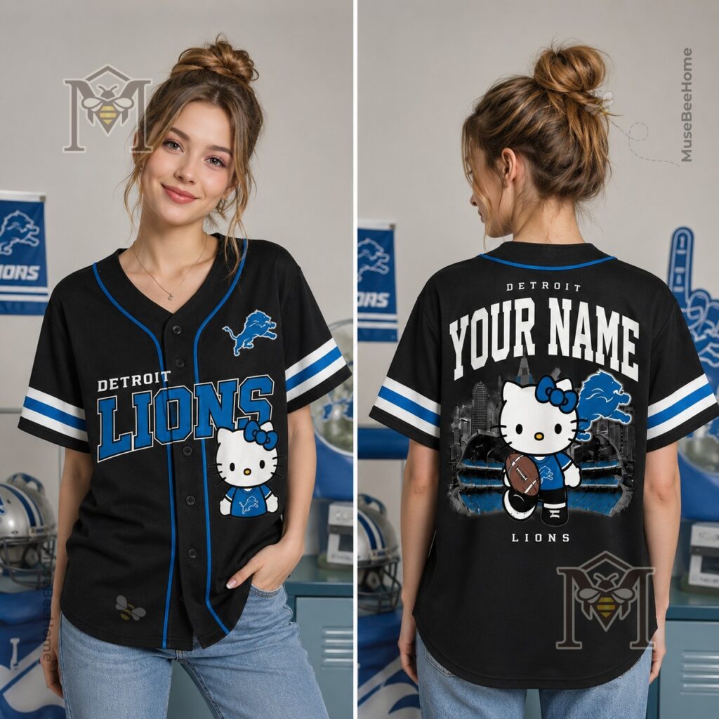 Detroit Lions Hello Kitty Custom Baseball Jersey - close-up back view