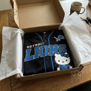 Detroit Lions Hello Kitty Custom Baseball Jersey - front view with football and shoes