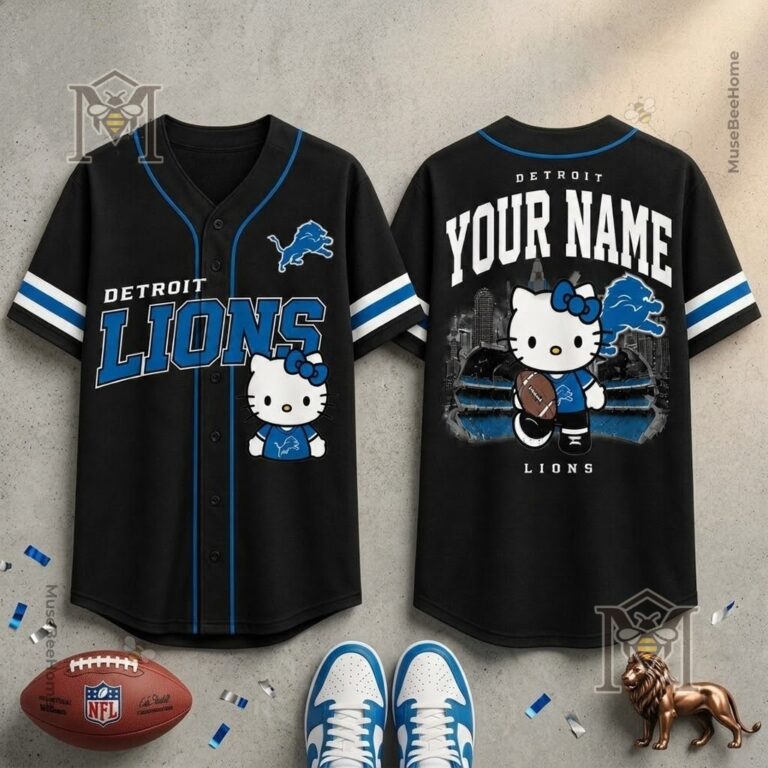 Detroit Lions Hello Kitty Custom Baseball Jersey - front and back view