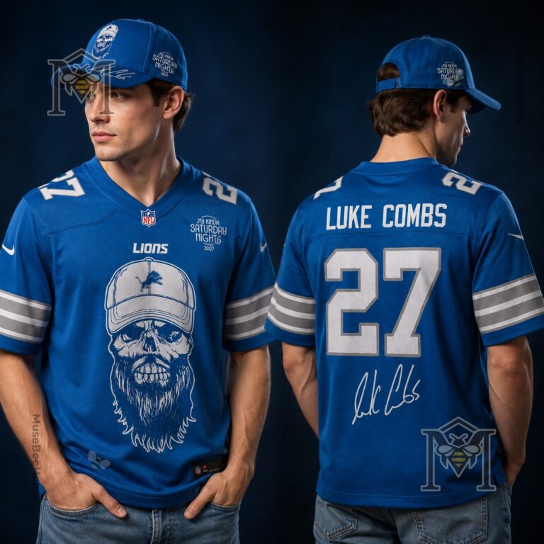 Detroit Lions Luke Combs Football Jersey - artist playing guitar with jersey detail