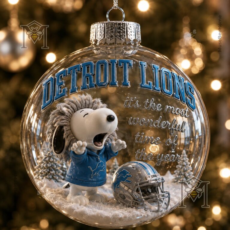 Detroit Lions Snoopy Christmas Snow Globe Ornament 2026 - close view of blue Lions lettering and script