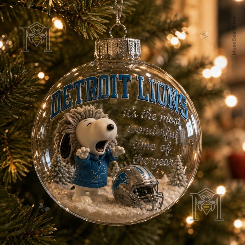 Detroit Lions Snoopy Christmas Snow Globe Ornament 2026 - full bauble displayed on a white pedestal