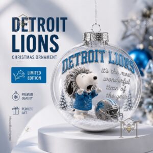 Detroit Lions Snoopy Christmas Snow Globe Ornament 2026 - front view showing Snoopy and football helmet