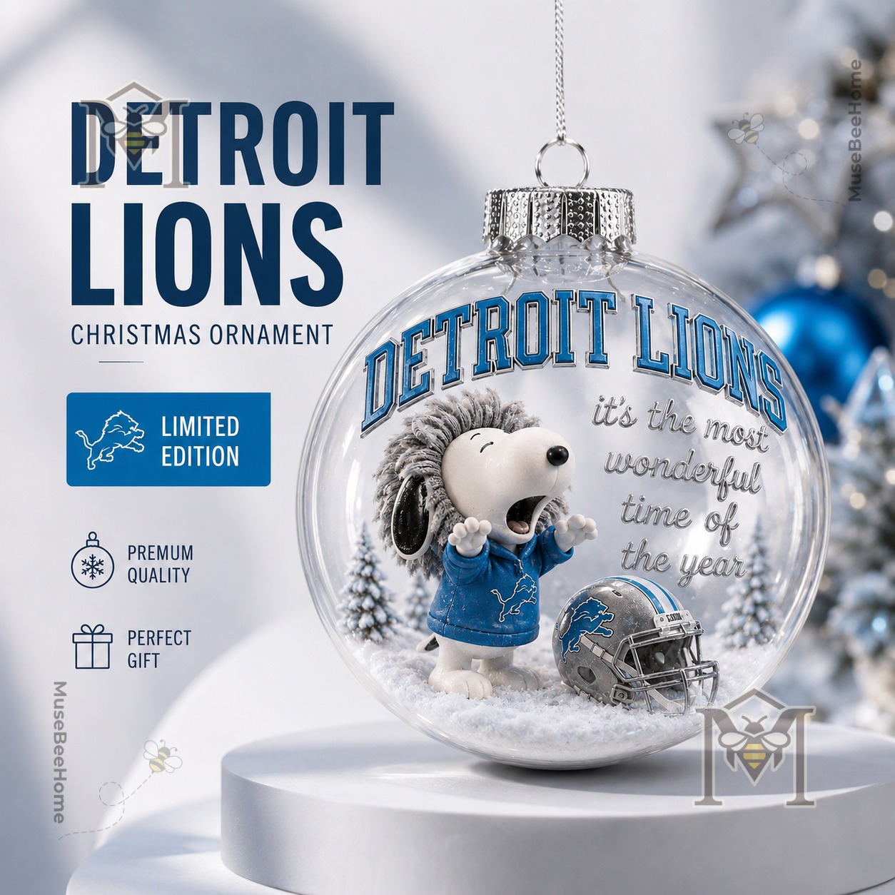 Detroit Lions Snoopy Christmas Snow Globe Ornament 2026 - front view showing Snoopy and football helmet
