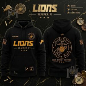 Detroit Lions USMC Tribute Baseball Jersey - close-up front showing customizable name
