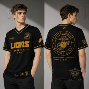 Detroit Lions USMC Tribute Baseball Jersey - close-up back displaying Marine Corps emblem