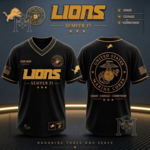 Detroit Lions USMC Tribute Baseball Jersey - front and back views with logos