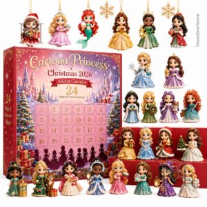 Disney Cartoon Princess Christmas 2026 Advent Calendar - close-up of box and four hanging ornaments