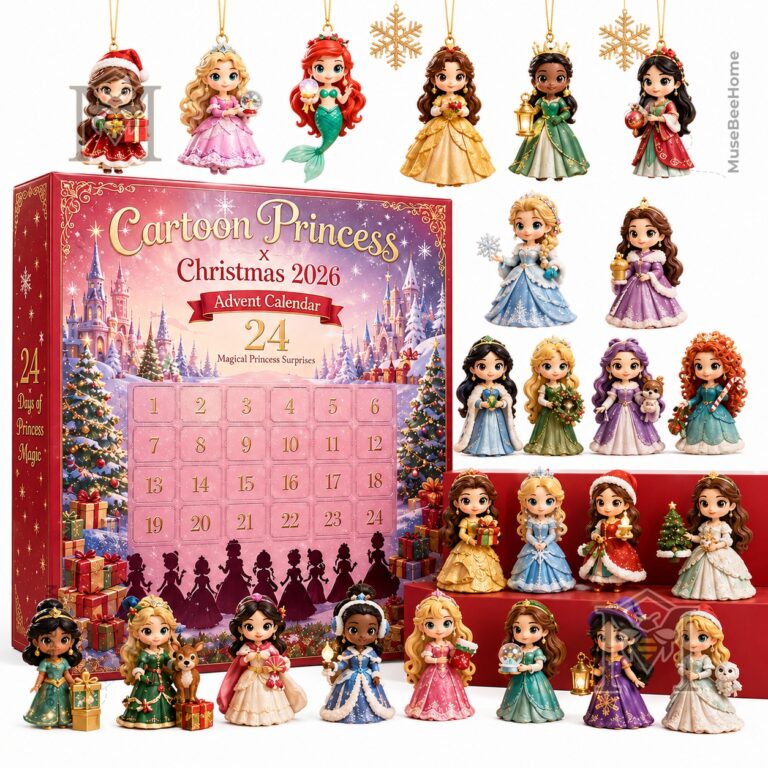 Disney Cartoon Princess Christmas 2026 Advent Calendar - close-up of box and four hanging ornaments