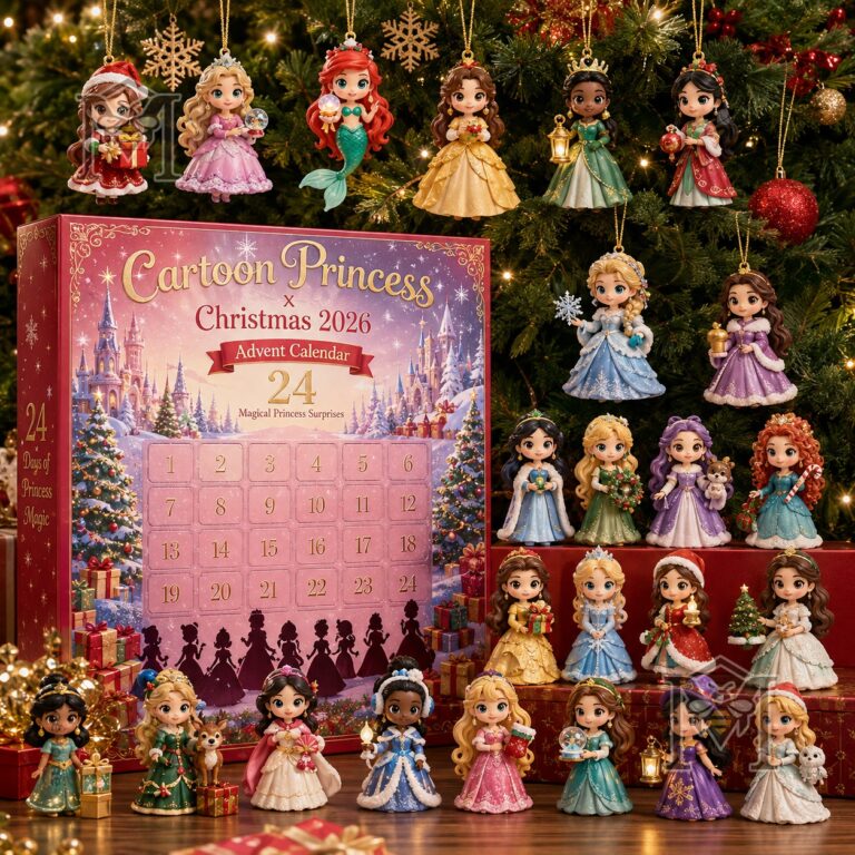 Disney Cartoon Princess Christmas 2026 Advent Calendar - full display with tree and figurines