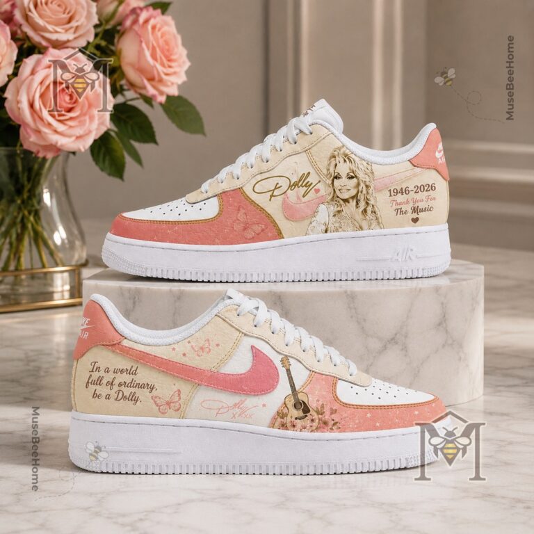 Close-up of the right custom Dolly Parton tribute sneaker, showing front and side
