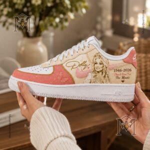 Close-up of the left custom Dolly Parton tribute sneaker, highlighting the rear and side