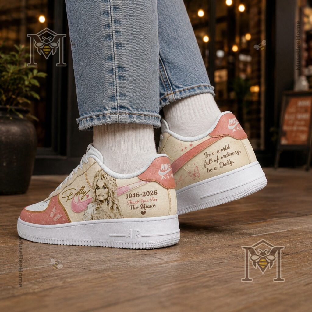 Detailed close-up of the left custom Dolly Parton tribute sneaker, showing front design