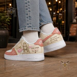 Detailed close-up of the left custom Dolly Parton tribute sneaker, showing front design