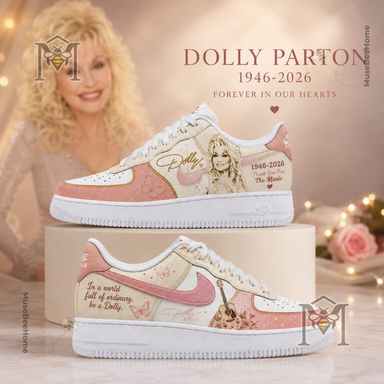 Full view of two custom Dolly Parton tribute sneakers displayed on a platform