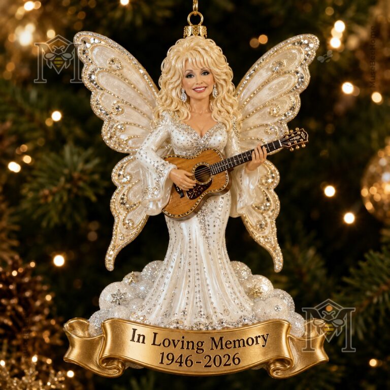 Dolly Parton 1946-2026 Memorial Ornament - pink guitar ornament with butterfly details