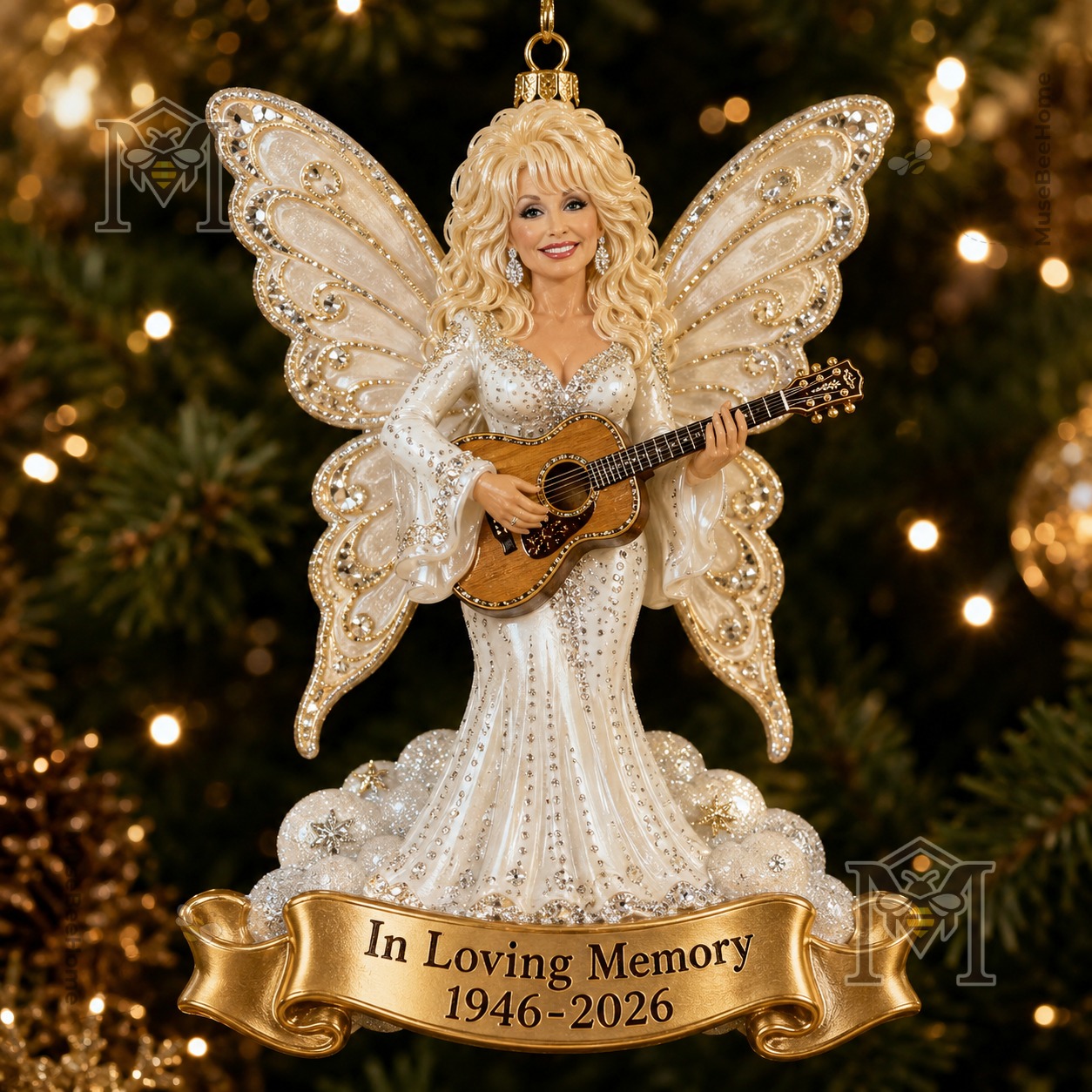 Dolly Parton 1946-2026 Memorial Ornament - pink guitar ornament with butterfly details