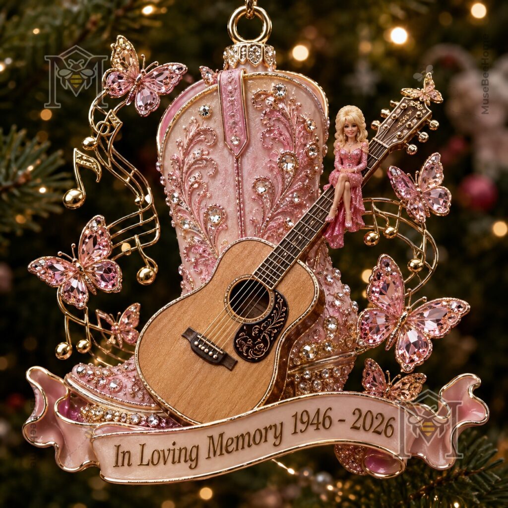 Dolly Parton 1946-2026 Memorial Ornament - pink winged figure holding guitar
