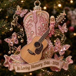Dolly Parton 1946-2026 Memorial Ornament - pink winged figure holding guitar