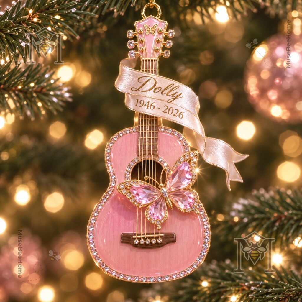 Dolly Parton 1946-2026 Memorial Ornament - close-up of guitar-shaped pink ornament