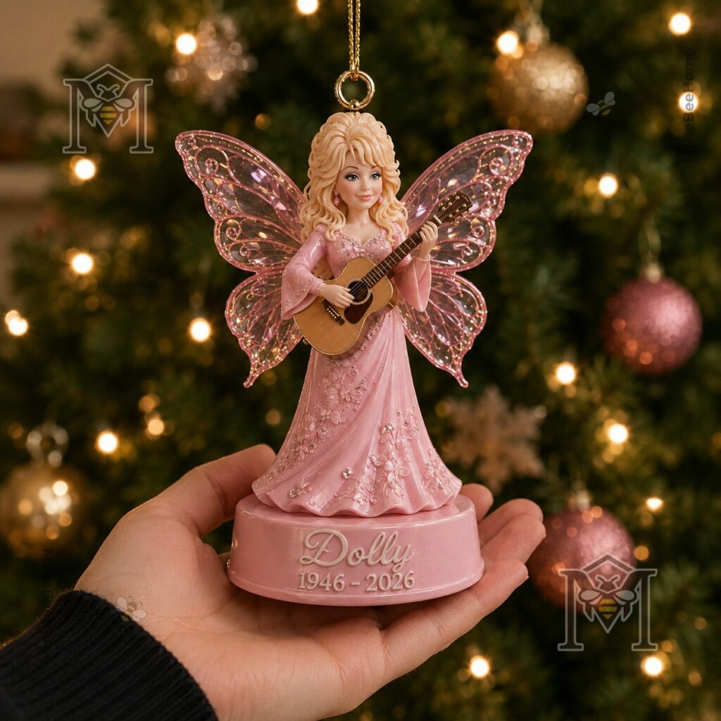 Dolly Parton 1946-2026 Memorial Ornament - white dressed figure with gold ribbon
