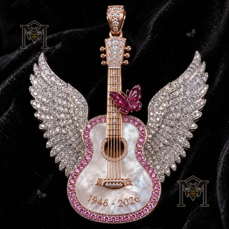 Dolly Parton memorial pendant showing jeweled guitar and butterfly detail