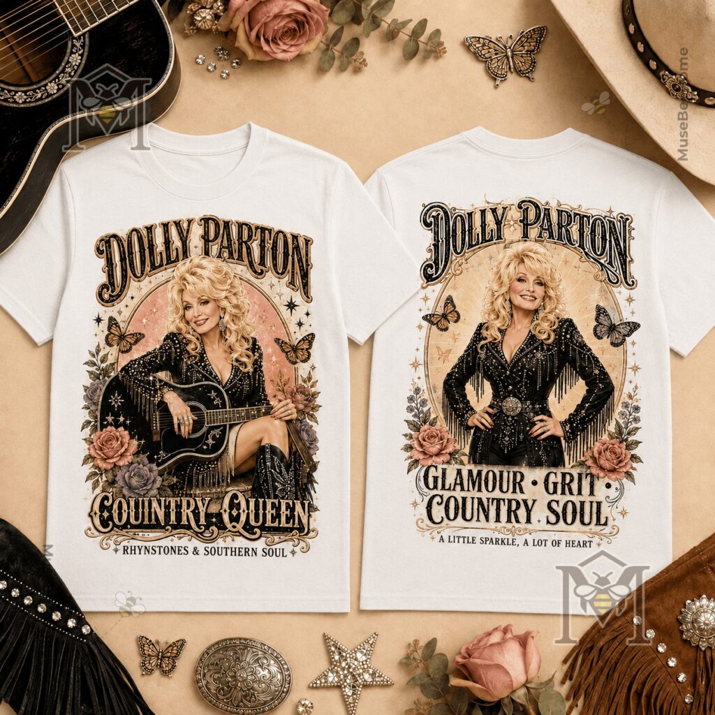 Dolly Parton Country Queen Rhinestones and Southern Soul T-Shirt – Front and back views Dolly Parton Country Queen Rhinestones and Southern Soul T-Shirt - front and back views
