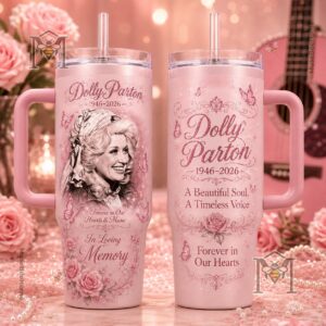 Dolly Parton Memorial 1946-2026 Tumbler with Handle - two pink tumblers showing front and back designs