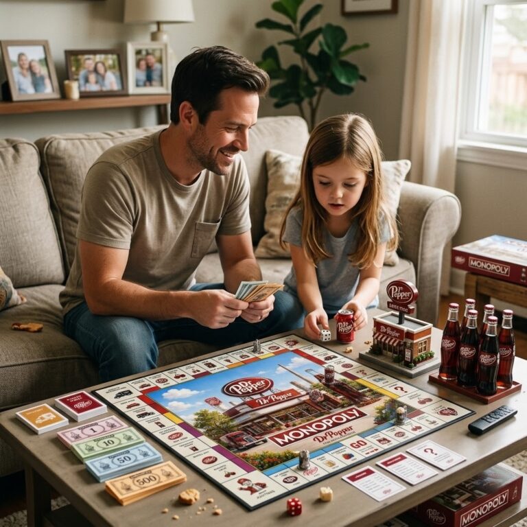 Dr. Pepper Monopoly Board Game - game box, soda pack, and money cards