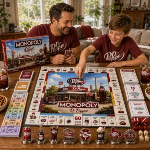 Dr. Pepper Monopoly Board Game - game box, board corner, and drive-thru piece