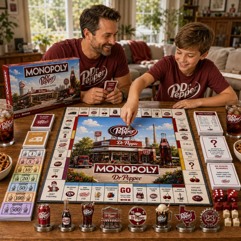 Dr. Pepper Monopoly Board Game - game box, board corner, and drive-thru piece