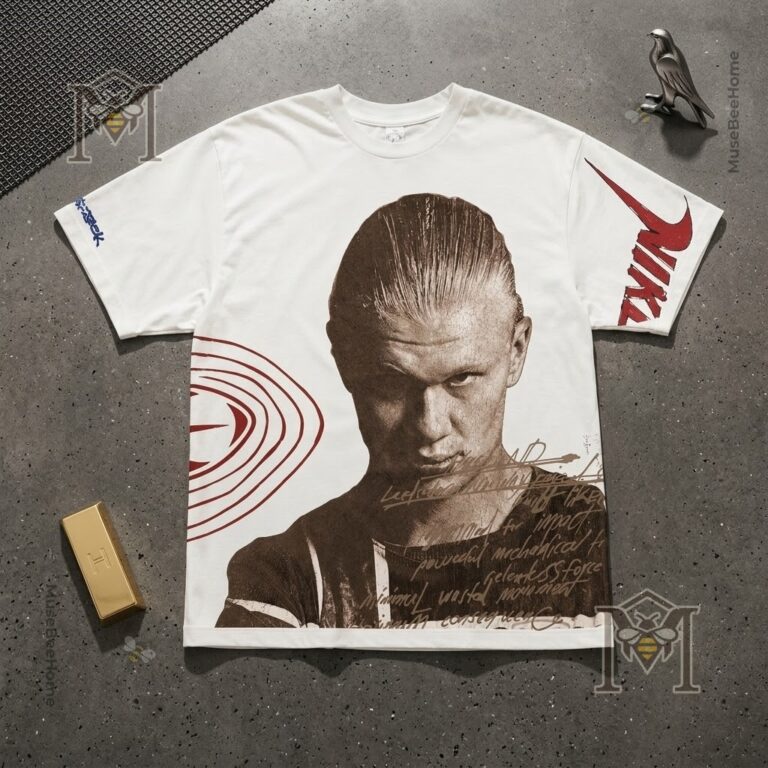 Erling Haaland Travis Scott Nike New Haircut T-Shirt - close-up of graphic text and top of displayed shirt