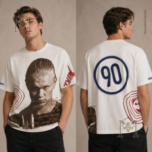 Erling Haaland Travis Scott Nike New Haircut T-Shirt - full view of shirt design on a flat surface