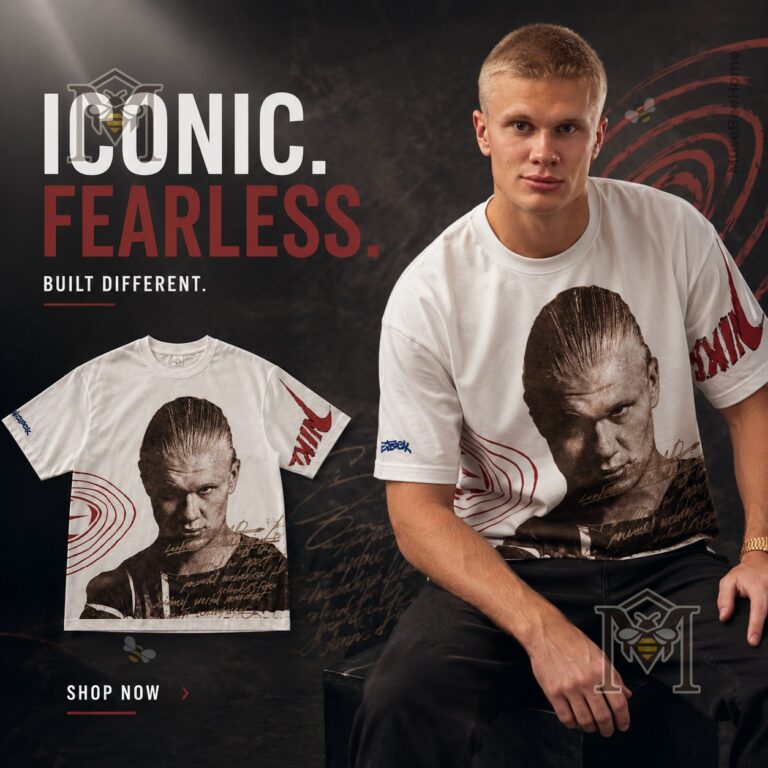 Erling Haaland Travis Scott Nike New Haircut T-Shirt - model wearing shirt with smaller displayed shirt