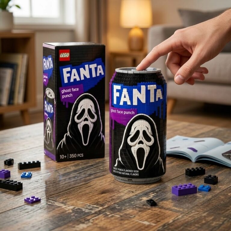 Fanta Ghost Face Punch Halloween Soda Can Collectible Brick Building Set - close-up of box and top of can