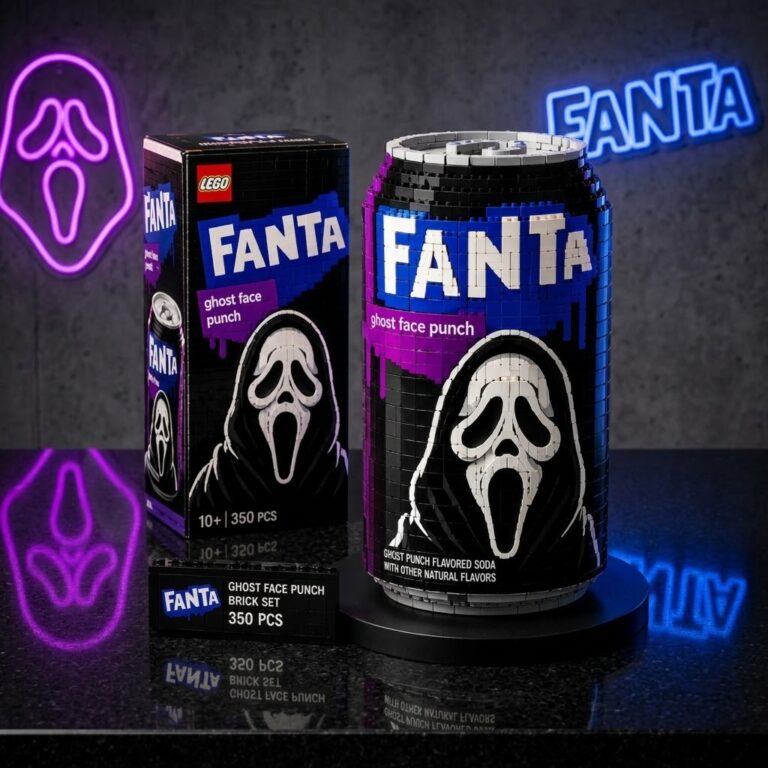 Fanta Ghost Face Punch Halloween Soda Can Collectible Brick Building Set - full view with neon lights