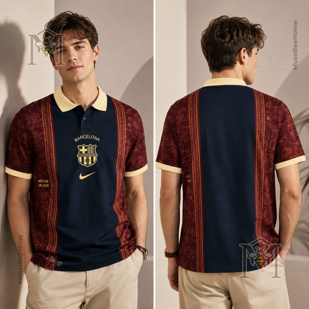FC Barcelona Classic Heritage Polo - front view of collar, logo, and Nike swoosh